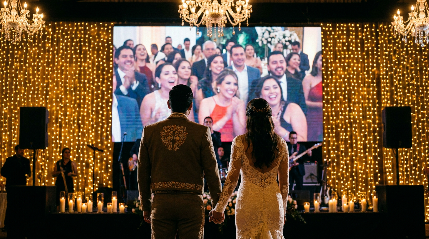 Novios mirando pantalla con fotos de invitados